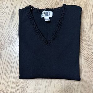 Chico's‎ Design Women's Size 0 Small Black V Neck Crochet Trim Sweater Top